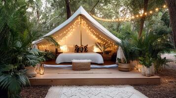 Luxurious bell tent surrounded by lush greenery and warm lights photo