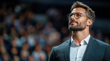 confident man in glasses smiles during presentation at conference photo