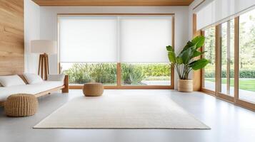 Minimalist home interior with smart blinds and natural light photo