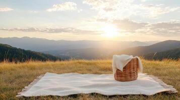 serene picnic spot on hilltop with cozy blanket and basket photo