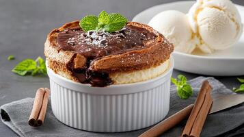 delicious molten chocolate souffle topped with mint leaves, served with ice cream photo