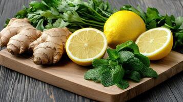 Fresh ginger, lemon, and mint on wooden cutting board photo