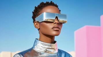 minimalist photoshoot featuring futuristic sunglasses and stylish model photo