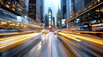 vibrant city scene showcasing motion blur of traffic in urban setting photo