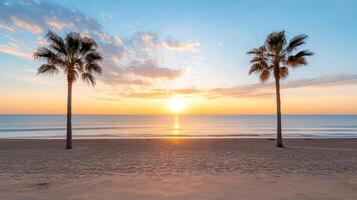 serene beach sunset with palm trees framing horizon, creating tranquil atmosphere photo