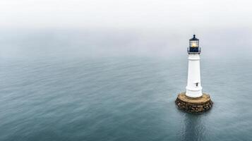 lone lighthouse emerges from dense sea fog, guiding ships safely photo