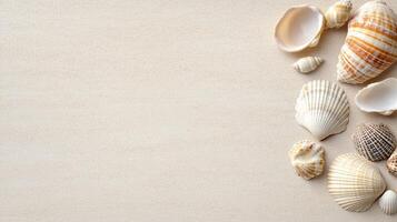 Seashells arranged on sandy background, evoking beach vibe photo