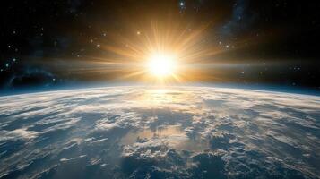 breathtaking view of Earth from space, illuminated by sunlight photo