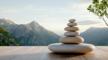 Balanced stones in serene mountain retreat with peaceful view photo