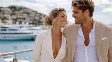 couple enjoying romantic moment by sea, dressed elegantly photo