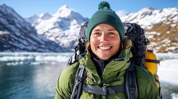 person smiling in snowy landscape with mountains and lake photo