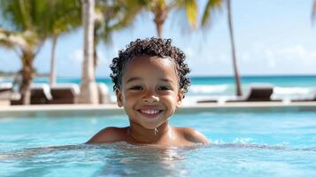 child learning to swim in pool, enjoying sunny beach day photo