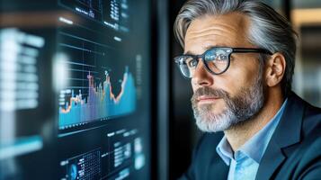 business executive in modern office analyzing global market trends with focus photo