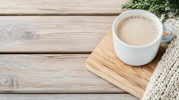 calm scene with mug of hot tea on wooden surface, evoking warmth photo