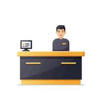 A man is sitting at a desk with a computer vector