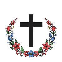 A cross surrounded by flowers and a wreath vector