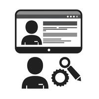 A person is holding a computer and a pen vector