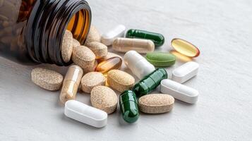 Colorful vitamin capsules spilling from bottle on surface photo