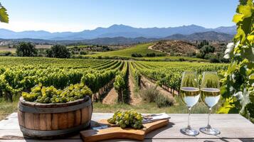beautiful vineyard landscape with grapes and wine glasses photo