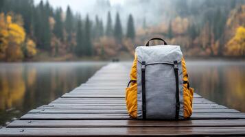 traveler backpack on wooden bridge by serene lake surrounded by trees photo