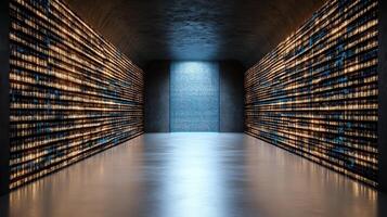 futuristic corridor with illuminated shelves in dimly lit room photo