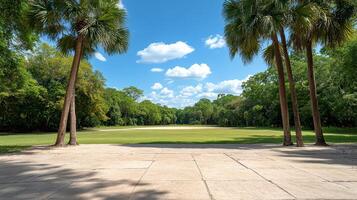 serene view of lush green landscape framed by tall palm trees and blue skies photo