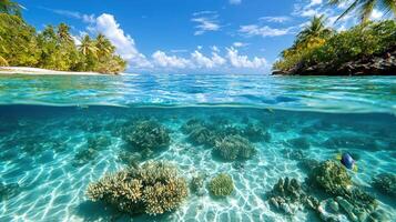 stunning coral reef visible through clear shallow water, showcasing vibrant marine life and photo