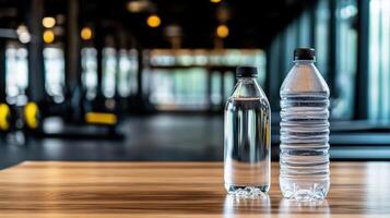 Refreshing water bottles on wooden table in gym setting photo
