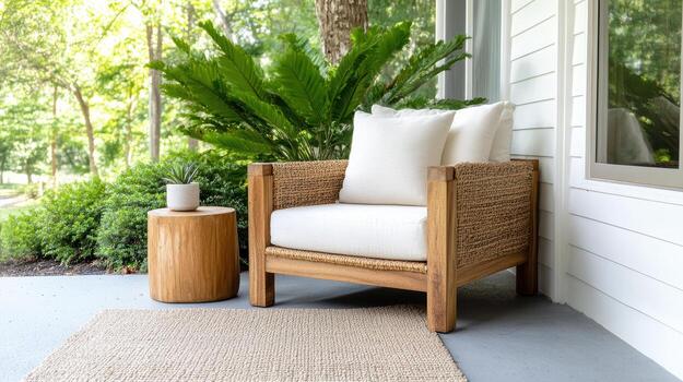 Cozy chair in serene garden workspace with greenery and natural light photo