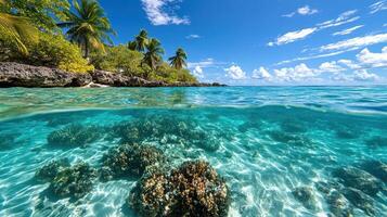stunning coral reef with clear shallow water and palm trees photo