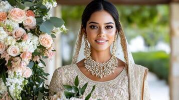 Elegant bridal portrait with floral backdrop and traditional attire photo