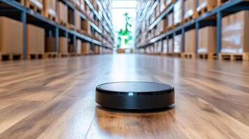smart robot vacuum operates in modern warehouse, efficiently sorting items photo