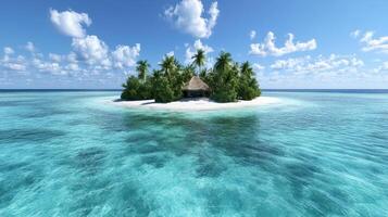 tropical island surrounded by vast ocean, featuring palm trees and hut photo