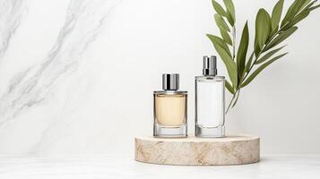 Elegant cosmetic bottles on wooden stand with greenery in background photo