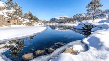 serene snowy landscape featuring frozen lake, pine trees, and mountains photo