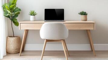 modern workspace featuring desk, laptop, and potted plants creates serene atmosphere photo