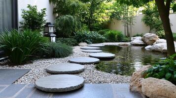 serene garden featuring koi pond, stone lanterns, and stepping stones photo