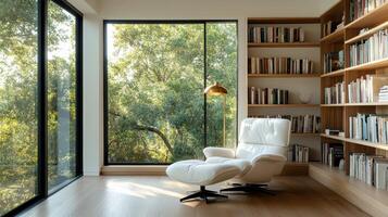 modern reading room with white armchair and large windows showcasing greenery photo