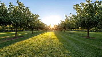 serene sunrise over blossoming orchard with golden light photo