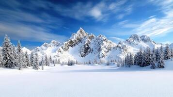 snowy mountain range with tall trees under clear blue sky photo