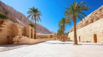 serene view of ancient stone ruins surrounded by tall palm trees and mountains photo