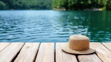 straw hat resting on wooden dock by serene lake, inviting relaxation photo