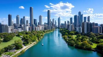 Aerial view of vibrant cityscape with river running through it, showcasing modern skyscrapers photo