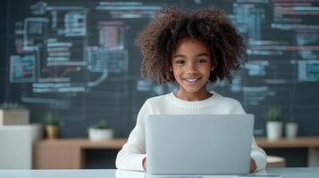 young girl smiling while typing code on laptop in modern workspace photo