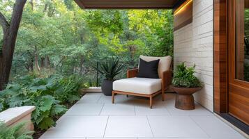 Cozy chair in serene garden workspace surrounded by lush greenery photo