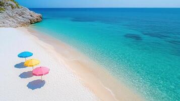 tranquil beach with colorful umbrellas inviting you to relax and enjoy sun photo