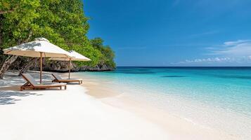 tranquil beach with inviting umbrellas and clear blue water photo