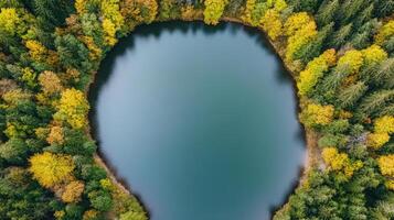 Aerial view of tranquil lake surrounded by vibrant autumn trees photo
