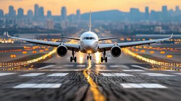 commercial airplane landing on runway at sunset with city skyline photo