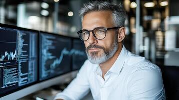 successful entrepreneur working late with multiple screens displaying data photo